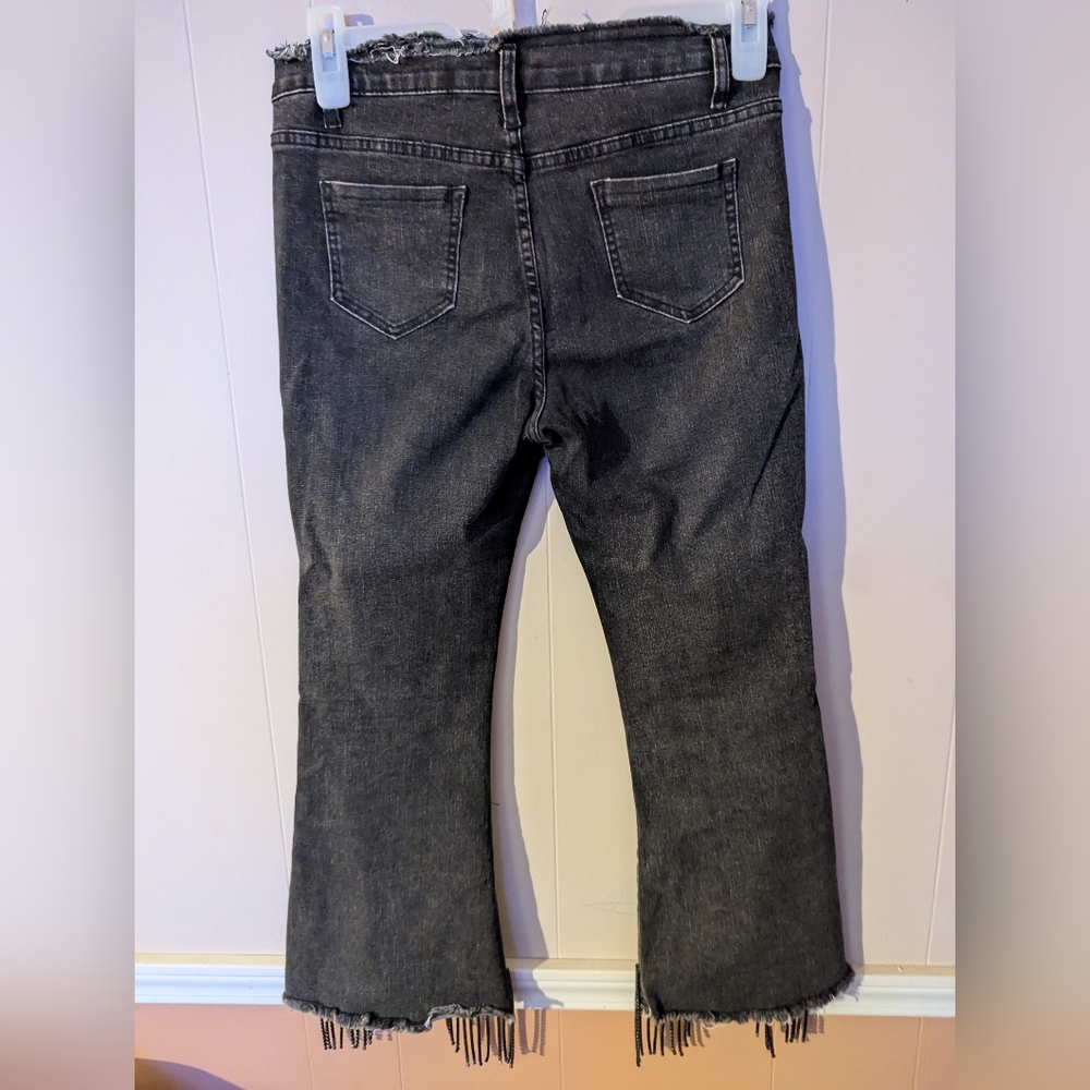 Women's Distress Blue B Jeans Size L Black W/fringe Bottom Legs & 4 Button Fly